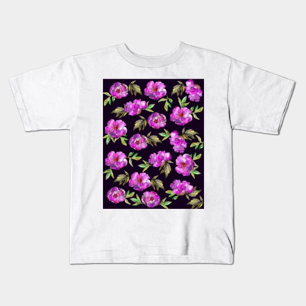 Peonies Flowers Watercolor Ink Cute dark purple Kids T-Shirt by ArtInPi